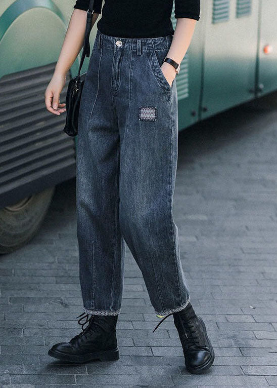 Style Navy High Waist Pockets Harem Fall Denim Pants