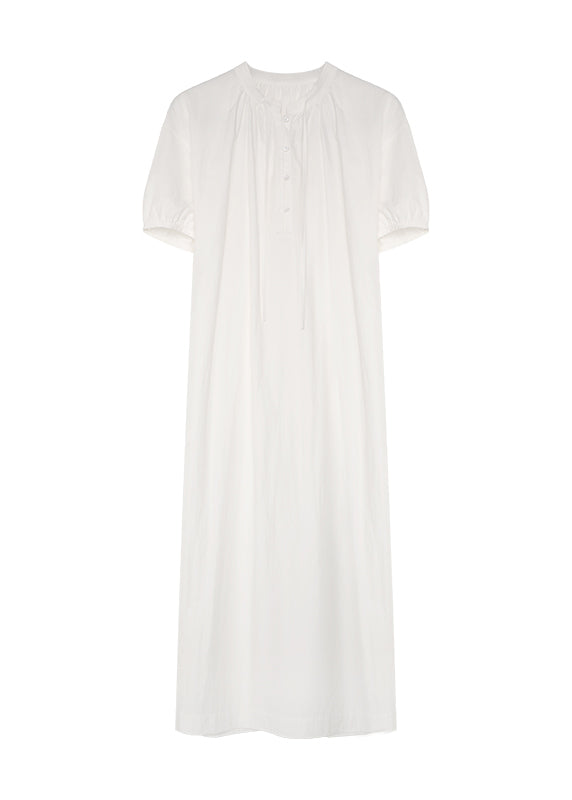 Handmade White O-neck Cinched Loose Cotton Long Dresses Summer