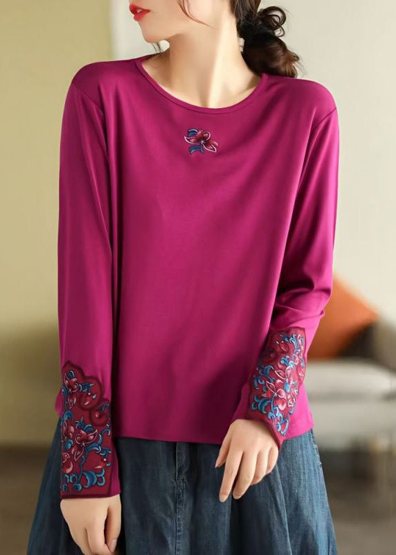 Rose O Neck Embroidered Cotton T Shirts Spring