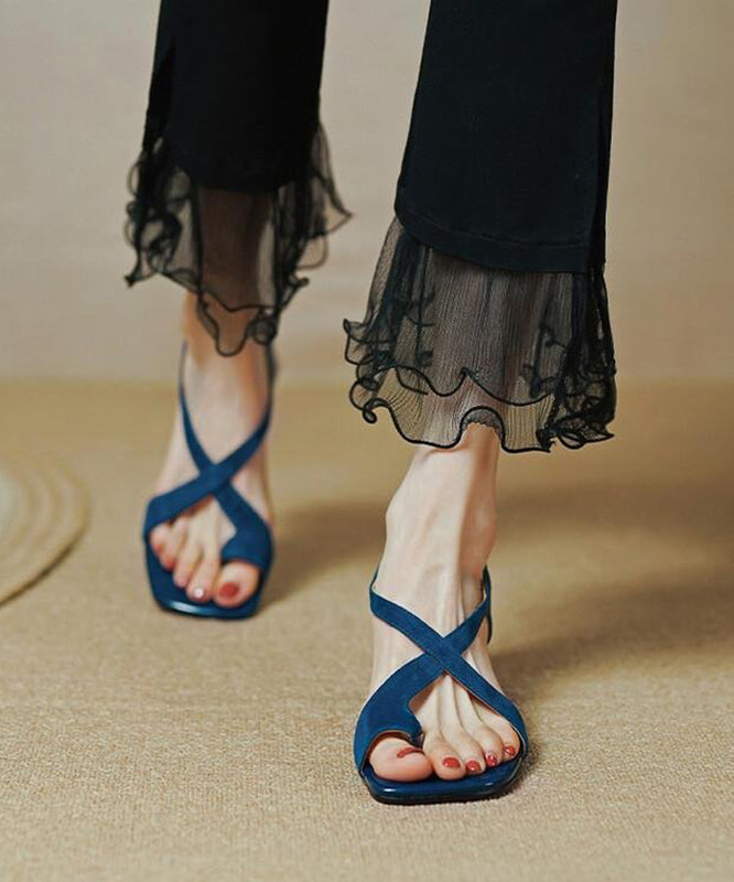 Blue Cross Strap Splicing Chunky Genuine Leather Sandals