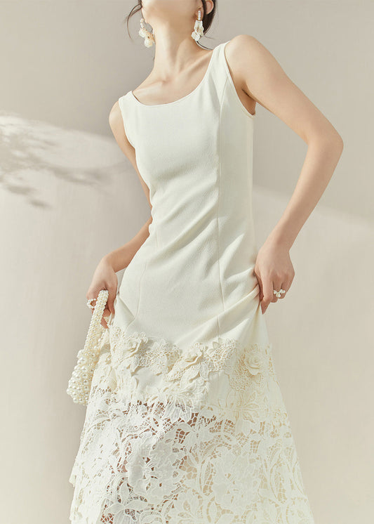 White O-neck Lace Patchwork Maxi Spaghetti Strap Dresses Sleeveless