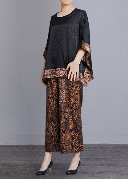Leopard O-neck Print Patchwork Silk Two Pieces Set Batwing Sleeve