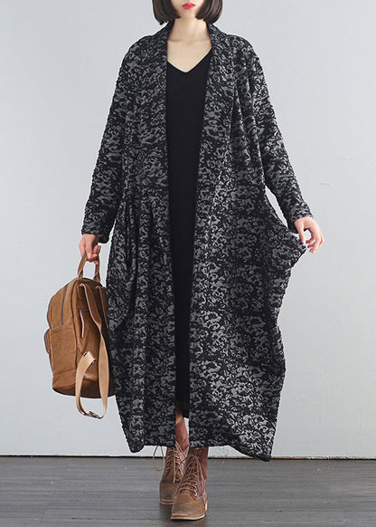 Black V Neck Print Button Trench Coats Fall