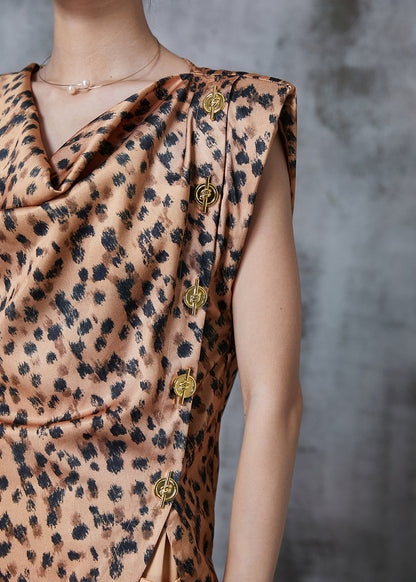 Silm Fit Asymmetrical Leopard Print Silk Two Pieces Set Summer