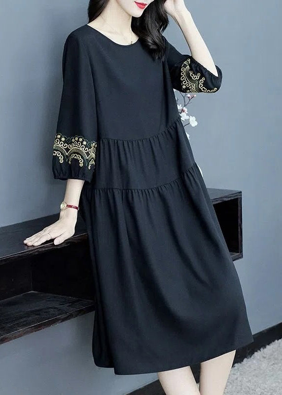 Loose Navy O-neck Embroidered Cotton Dresses Bracelet Sleeve Summer