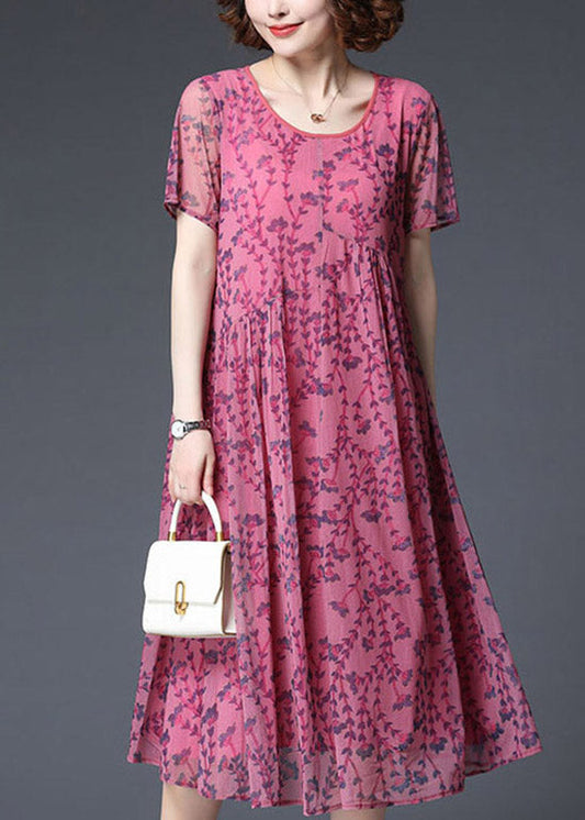 Rose Wrinkled Chiffon Vacation Dress Short Sleeve