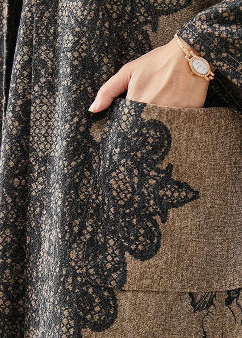 Khaki Oversized Print Cotton Two Piece Set Winter