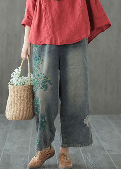 Blue Hole Embroideried Denim Cotton Wide Leg Pants Spring