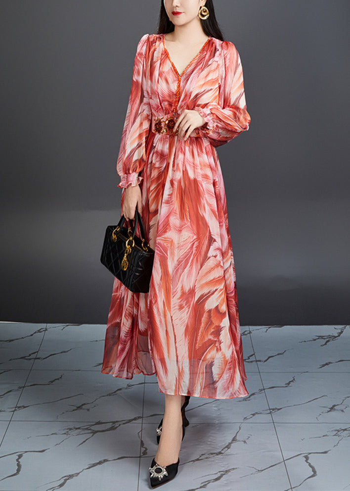 Green V Neck Print High Waist Chiffon Dress Butterfly Sleeve