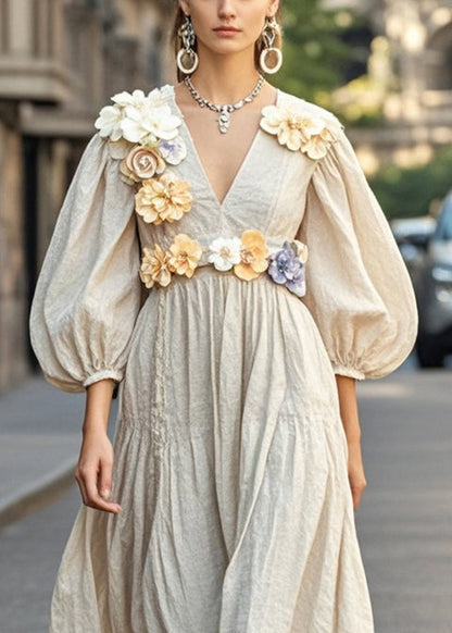 Unique Apricot V Neck Three-dimensional Cotton Dress Fall