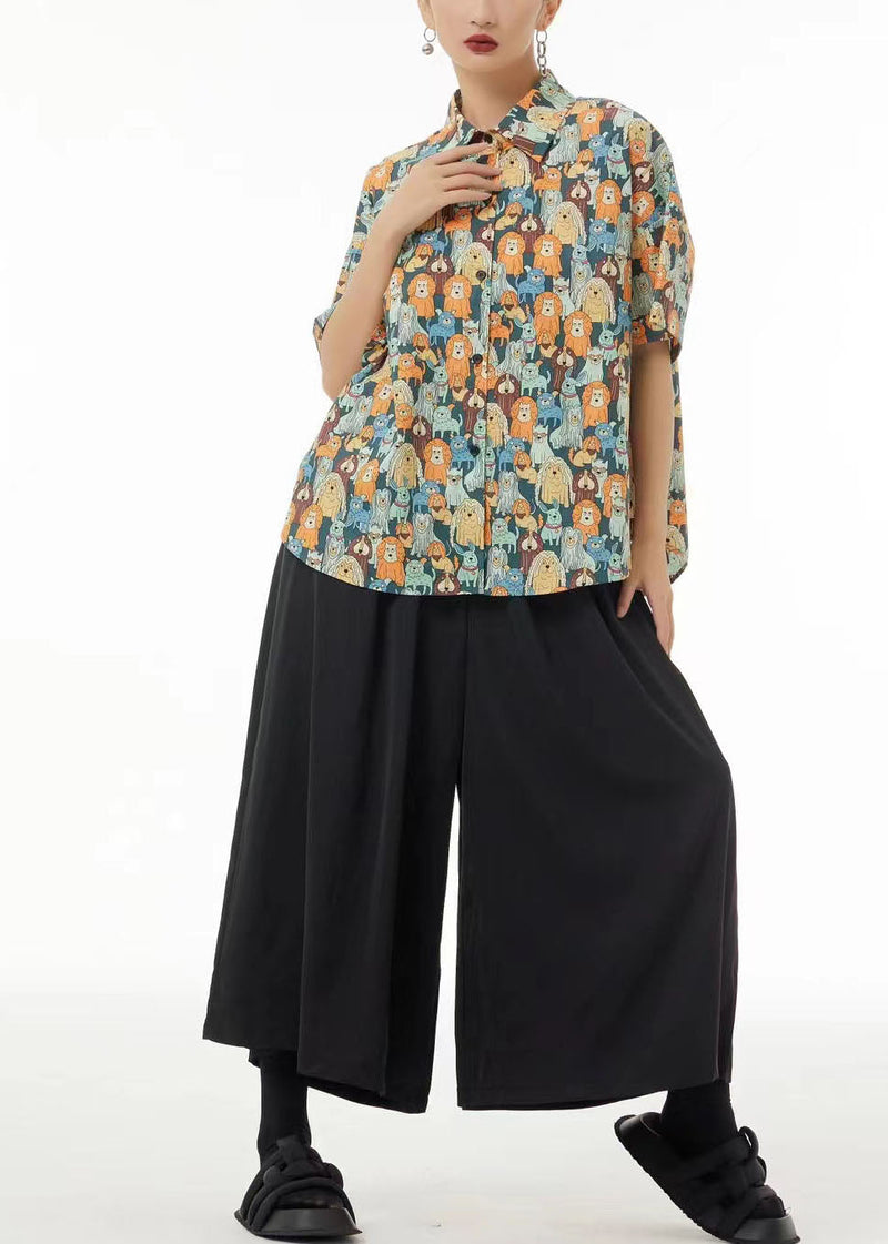 Khaki Peter Pan Collar Animal Print Cotton Blouses Summer