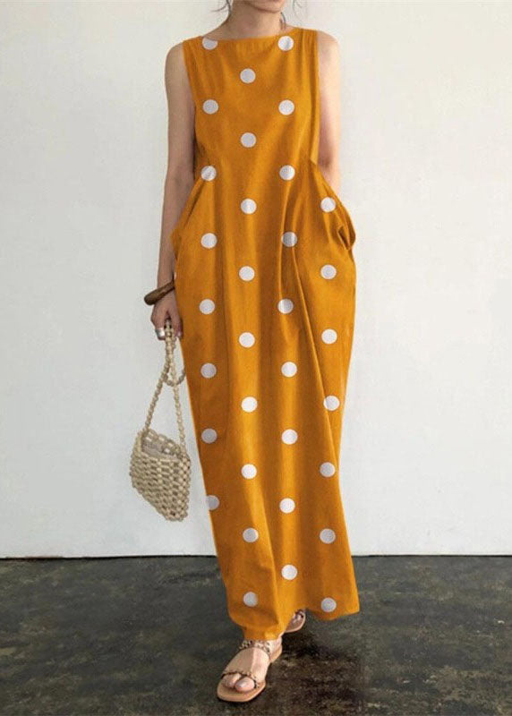 Black Dot Print Pockets Long Dresses Sleeveless