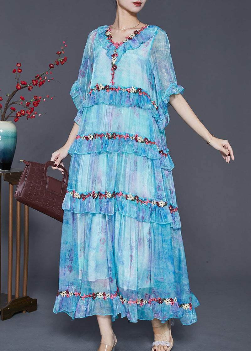 Modern Blue Ruffled Chiffon Robe Dresses Spring