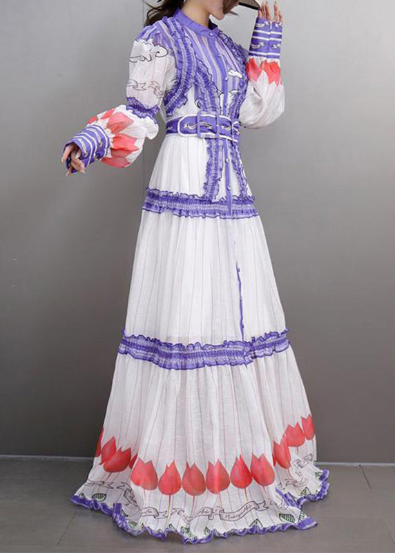 Fine White Stand Collar Ruffled Button Chiffon Maxi Dress Lantern Sleeve Spring