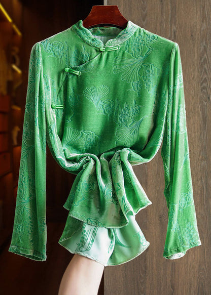 Green Stand Collar Low High Design Silk Velour Tops Long Sleeve