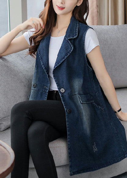 Blue Notched Patchwork Button Denim Waistcoat Fall