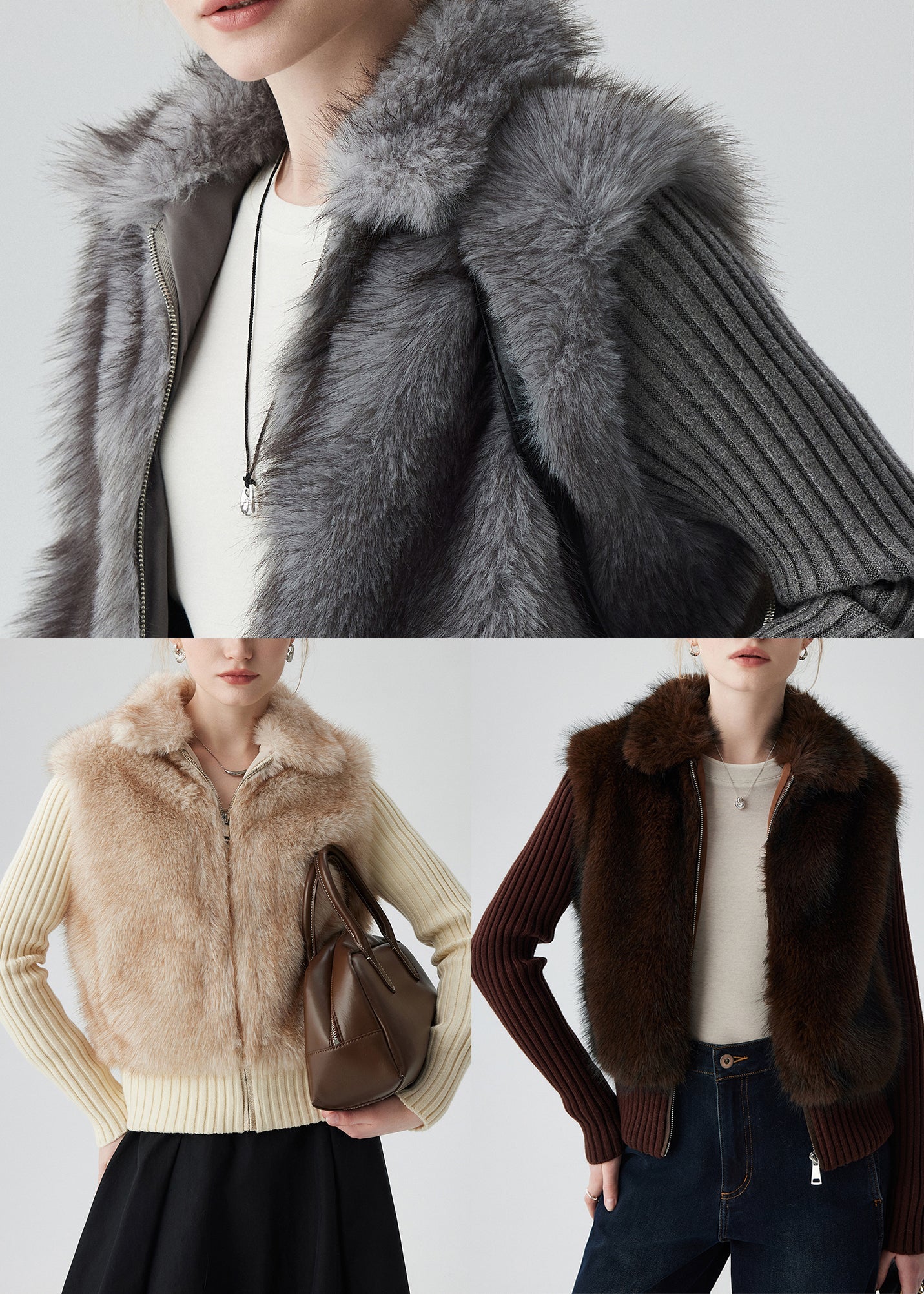 Grey Peter Pan Collar Patchwork Faux Fur Knit Cardigan Winter