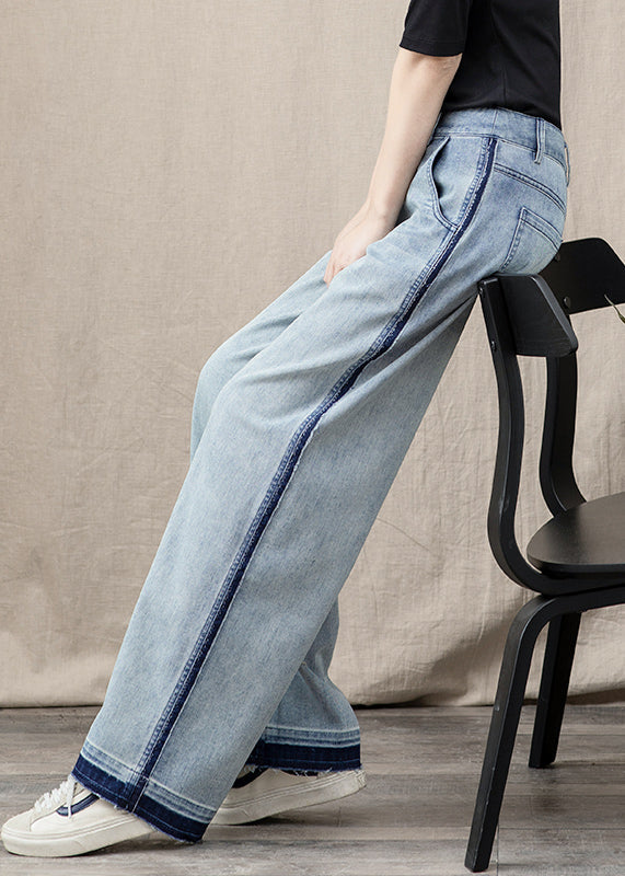 Blue Pockets Patchwork Denim Wide Leg Pants Spring