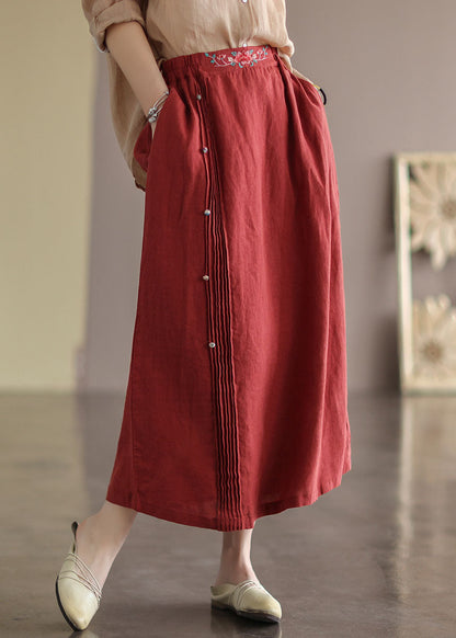 Red Wrinkled Embroideried Patchwork Cotton Skirts Summer