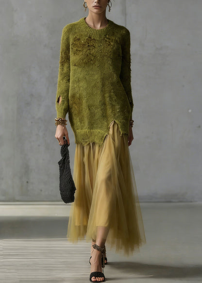 Green O Neck Tulle Patchwork Knit Dresses Spring