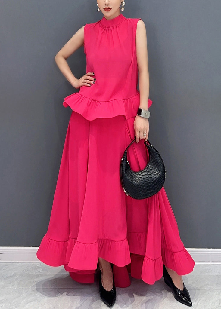 Organic Green O-neck Ruffled Top and Maxi Skirts Two Piece Set Sleeveless