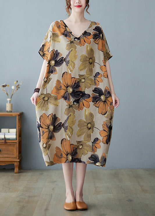 Khaki V Neck Print Long Dress Short Sleeve