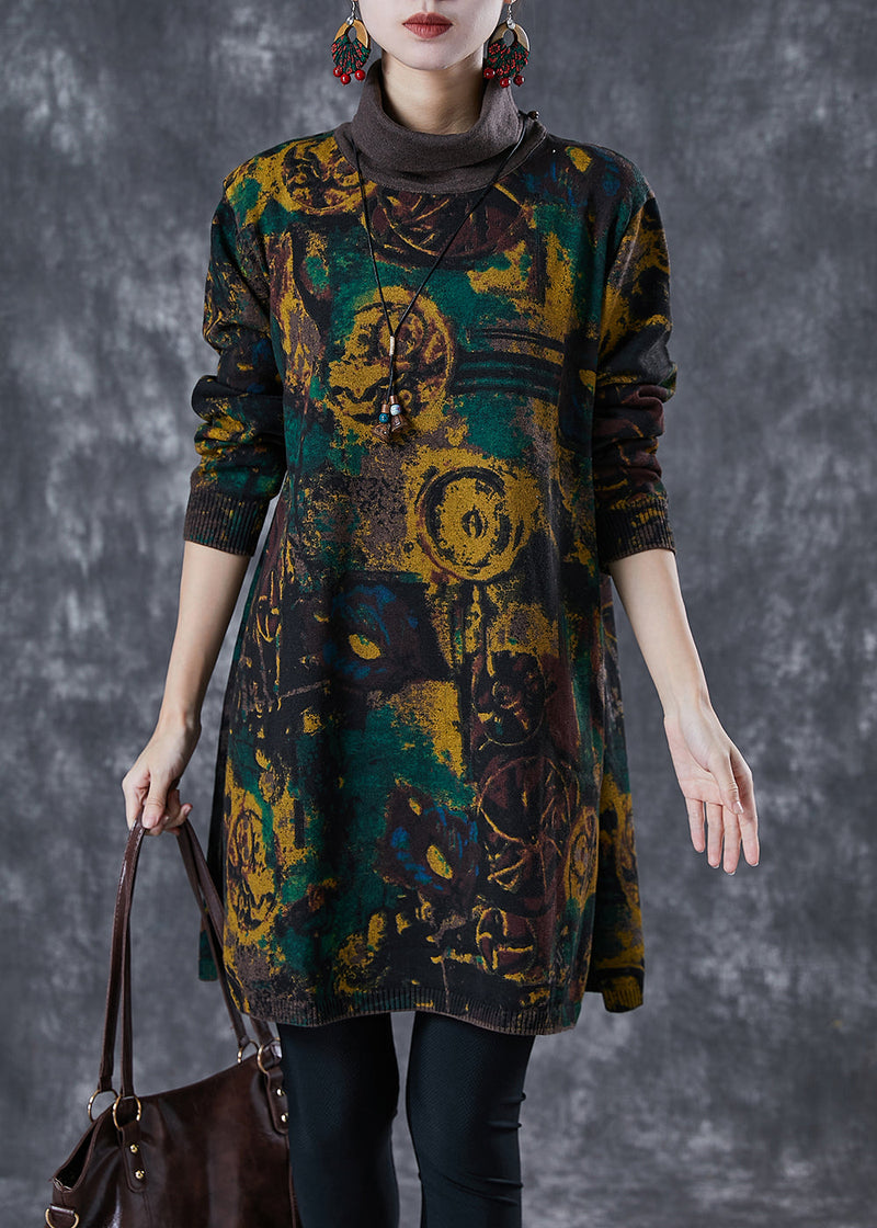 Black Turtle Neck Print Knit Dress Winter