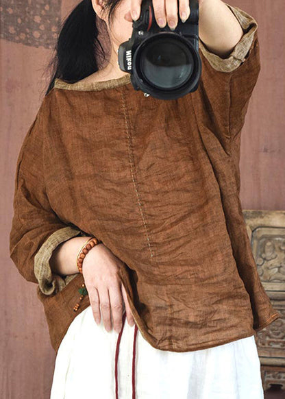 Coffee Cozy Patchwork Linen Shirts O-neck Long Sleeve