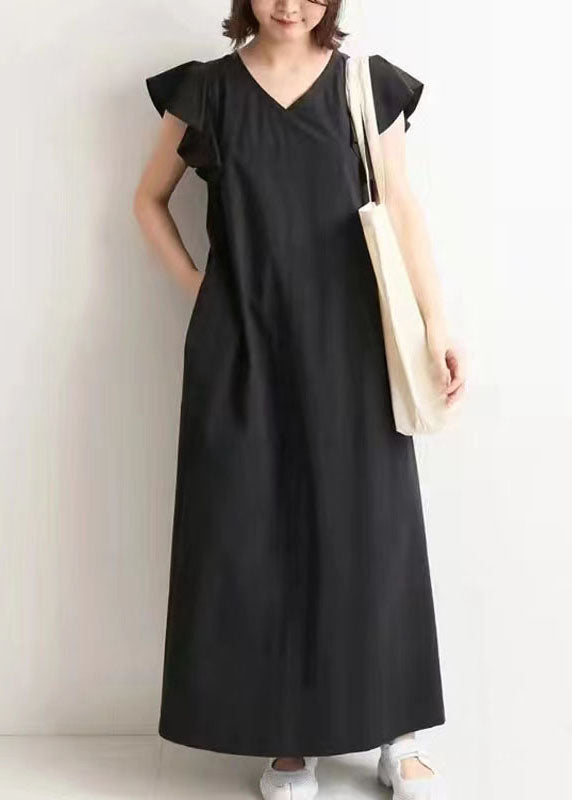 Black V Neck Patchwork Ruffled Cotton Maxi Dresses Summer
