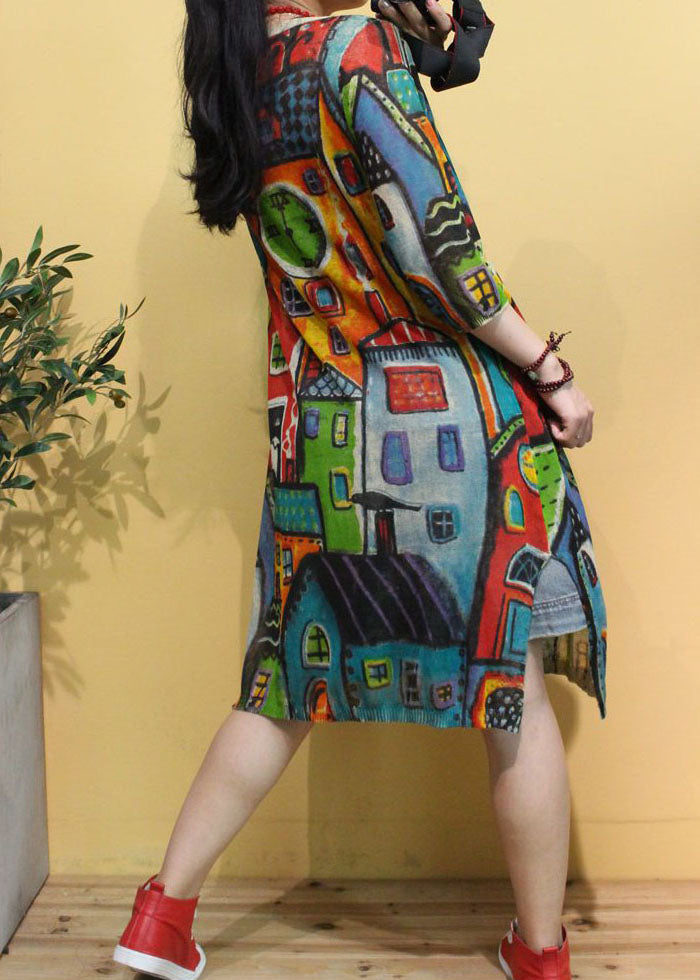 Beige V Neck Print Side Open Fall Knit Long Sleeve Cardigans