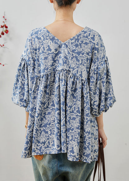 Blue Oversized Print Cotton Shirts Summer