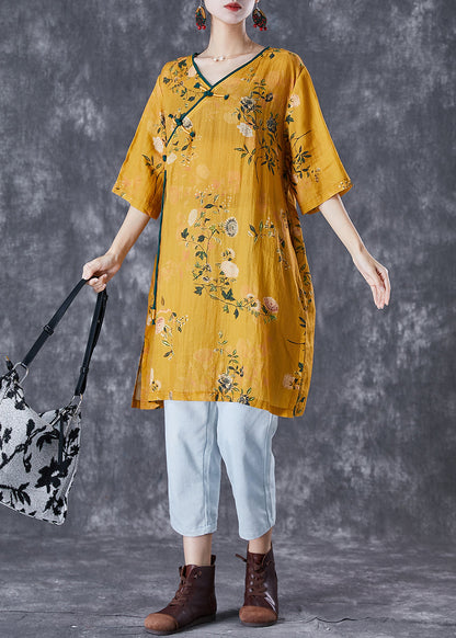 Yellow Tasseled Print Linen Dresses Summer