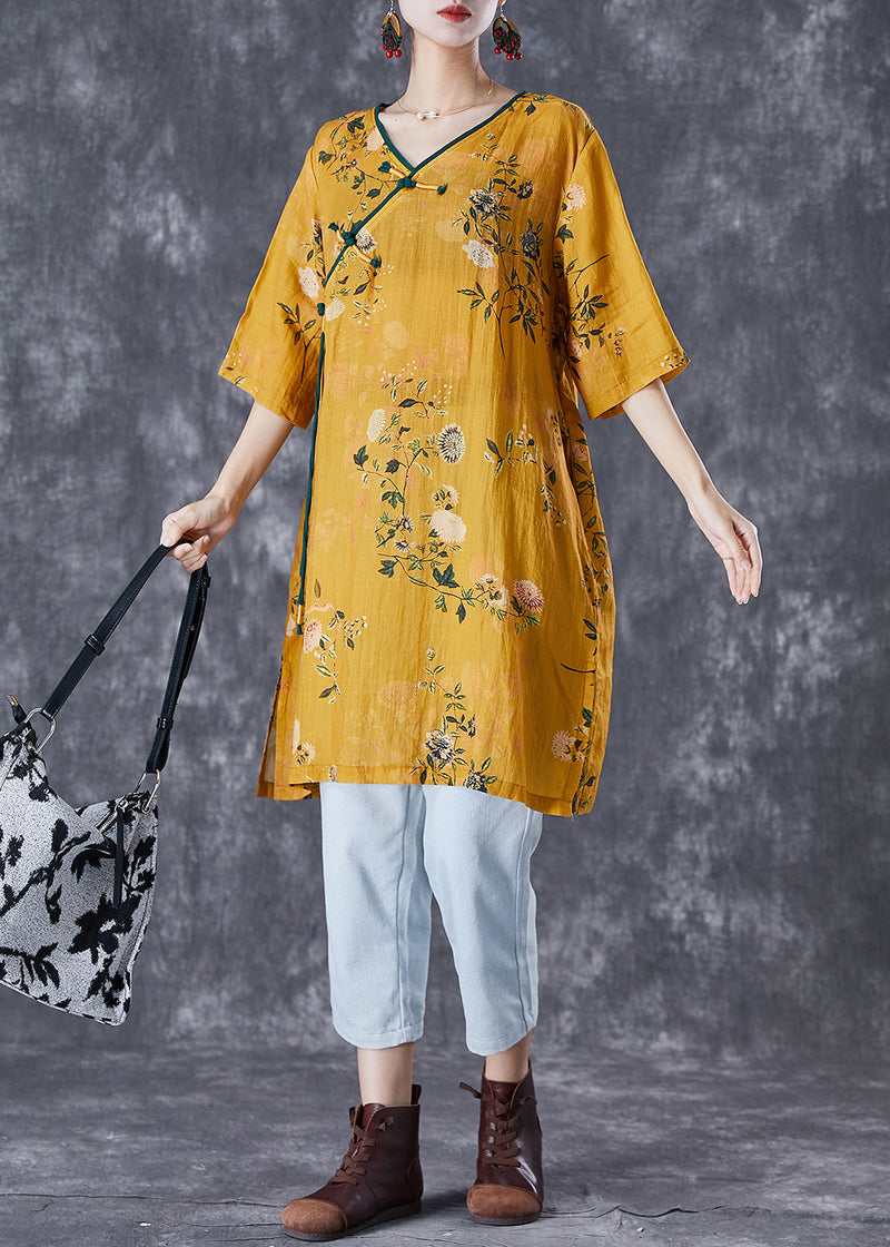 Yellow Tasseled Print Linen Dresses Summer