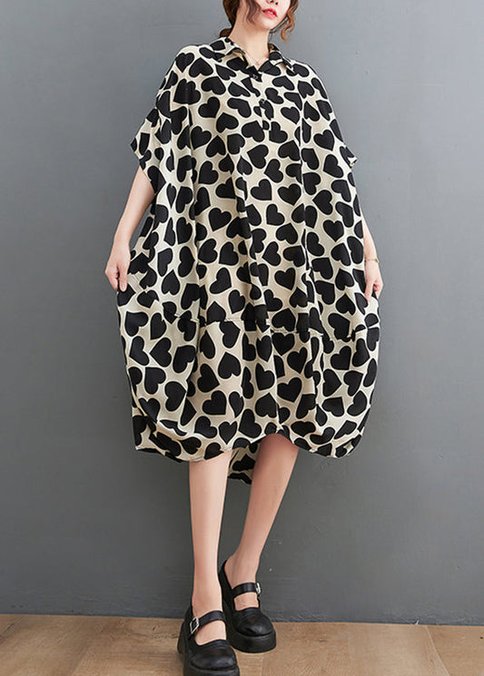 Peter Pan Collar Love Print Long Dresses Short Sleeve