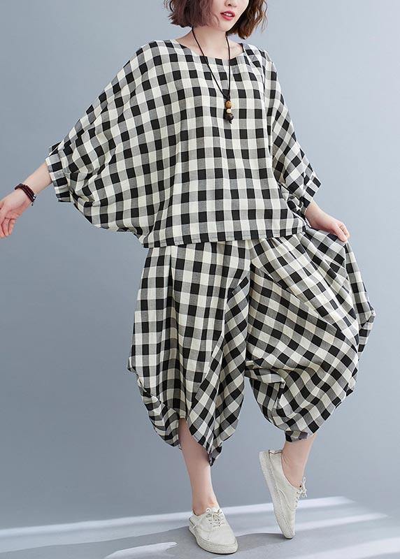 Art Black White Plaid Batwing Sleeve Two Piece Set Clothing Summer Cotton Linen