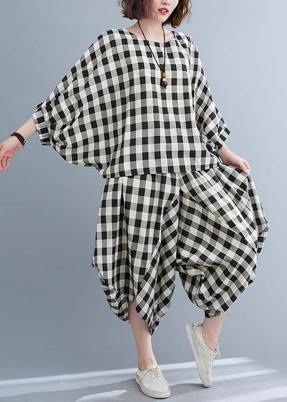 Art Black White Plaid Batwing Sleeve Two Piece Set Clothing Summer Cotton Linen
