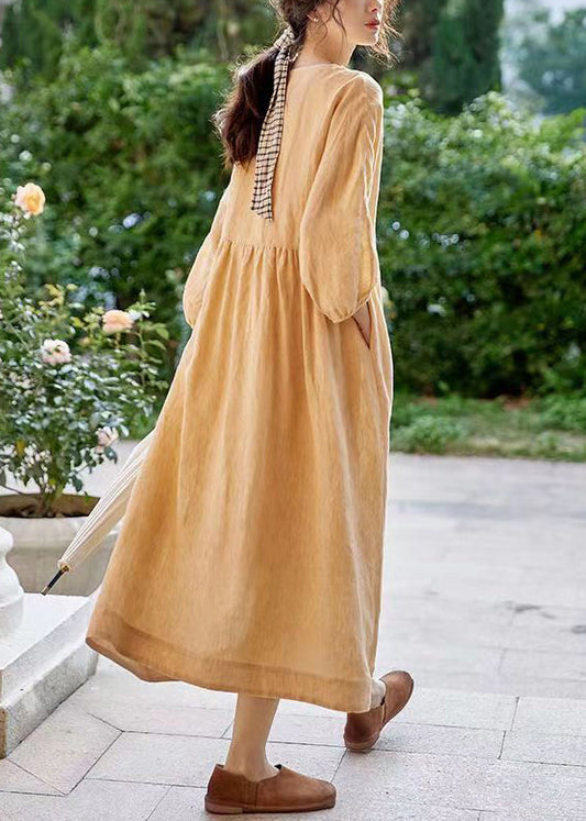 Classy Orange O-neck Button Pockets Cotton Dress Spring