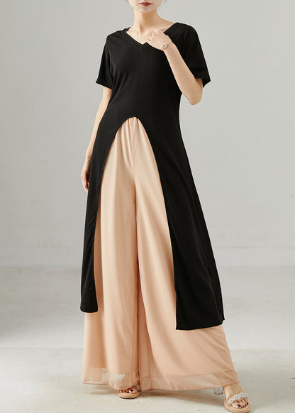 Black Side Open Long Tops and Chiffon Straight Pants Two Piece Set Summer