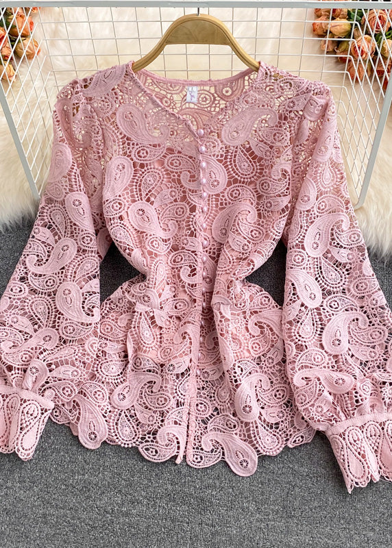 French Blue O-neck Hollow Out Tunitc Lace Top Long Sleeve