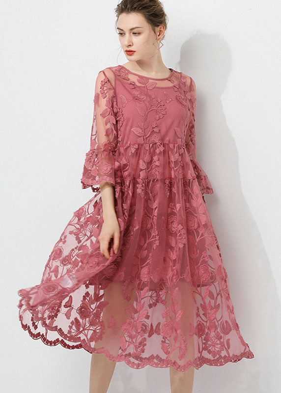 Pink Embroideried O-neck Two Pieces Set Lace Dress