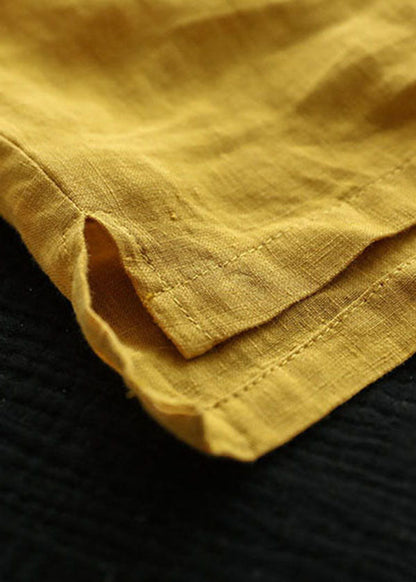 Classy Yellow V Neck Patchwork Linen Tops Short Sleeve