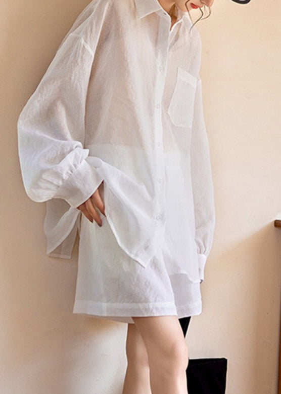 Simple White Pockets Shirts and Shorts Two Piece Suit Set Long Sleeve Spring
