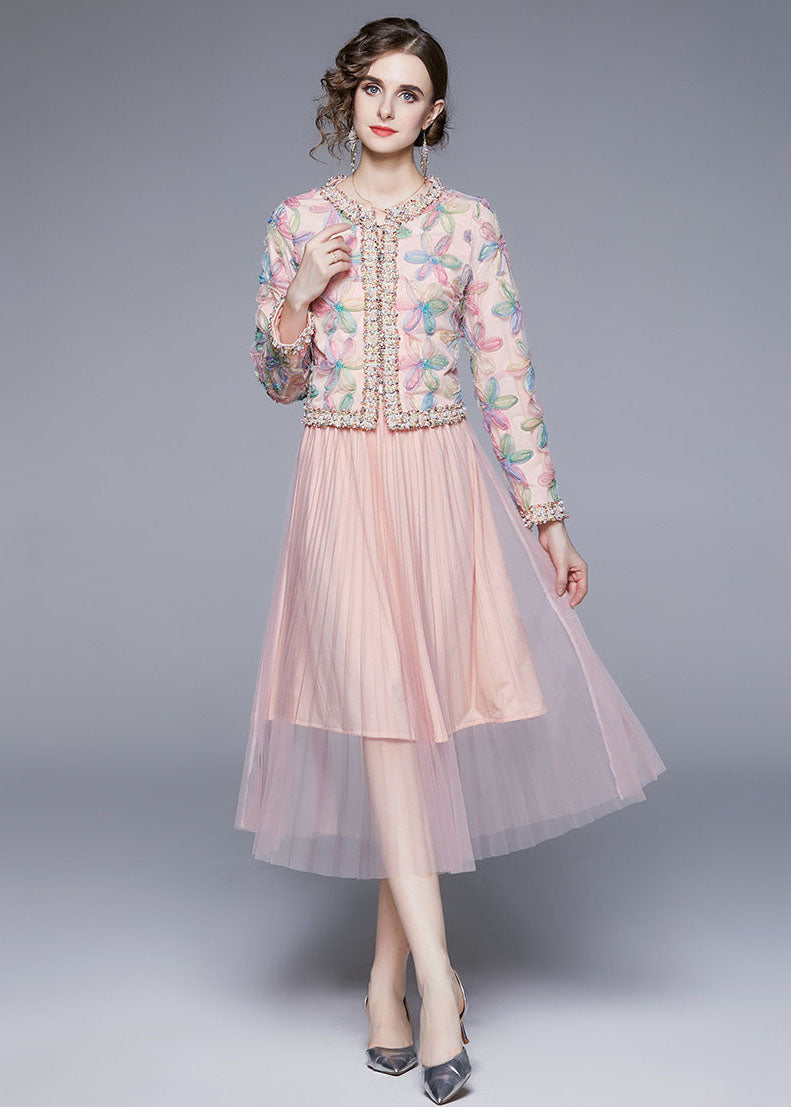 Pink O-neck Print Tulle Two Piece Suit Set Fall