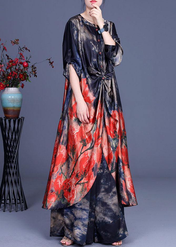 Blue Print Low High Design Long Shirts Wide Leg Two Pieces Set