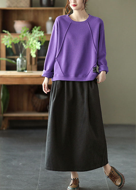 Purple O-neck Patchwork Knit Fall Pullover Street Wear