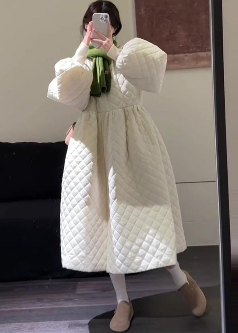 Boutique White Plaid Fine Cotton Filled Witner Coat Lantern Sleeve