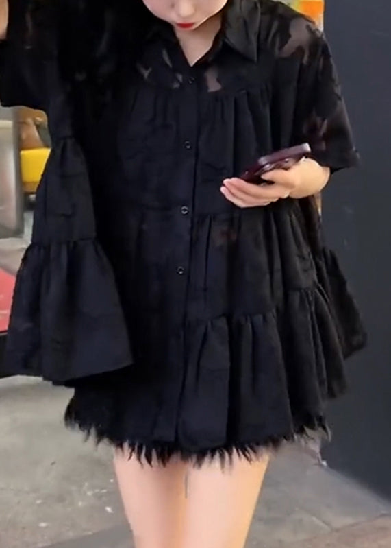 Black Embroidered Tulle Patchwork Wrinkled Shirt Summer