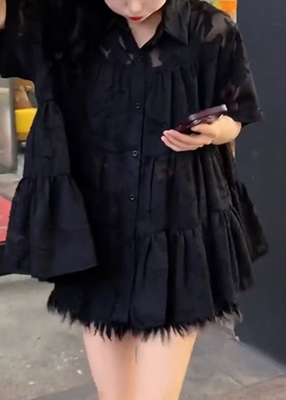 Black Embroidered Tulle Patchwork Wrinkled Shirt Summer