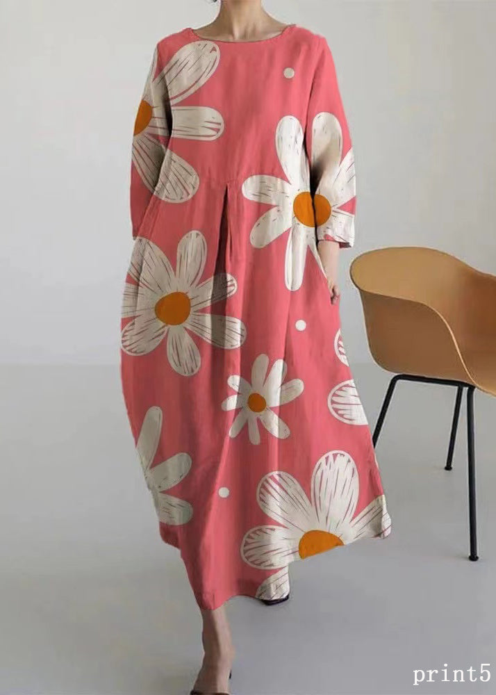 Flower Print5 Cotton Dresses Pockets Patchwork Spring