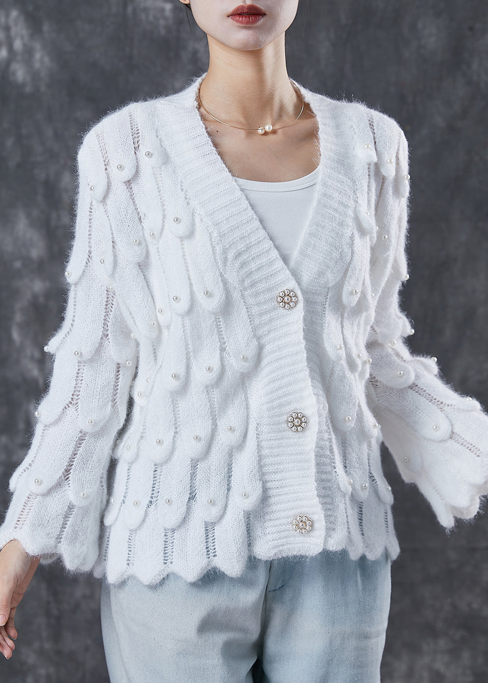 White Cozy Knit Cardigan V Neck Nail Bead Spring